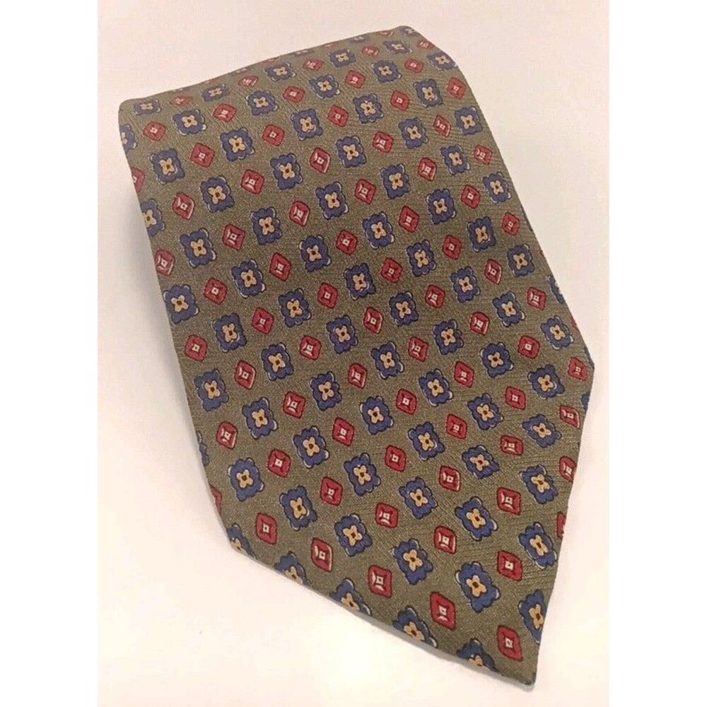 Polo Ralph Lauren 90s Vtg Green Foulard Geometric 100% Silk Made By Hand USA